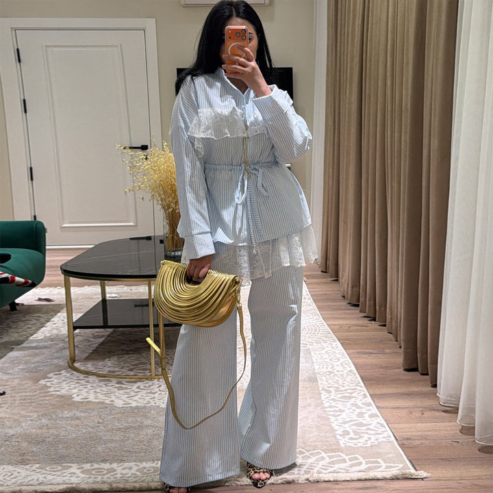 Damen Lässig-elegantes Set mit Rüschendetails und hohem Bund Drune