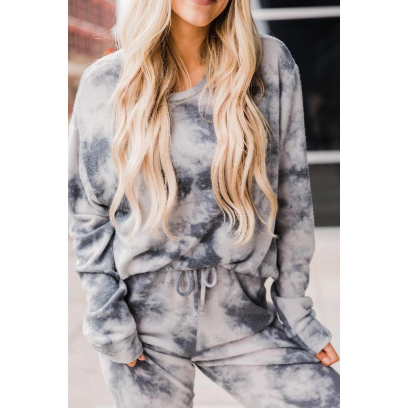 Damen Lässiges Sweatshirt-Set mit modernem Batikdesign und dehnbarem Bund Drune