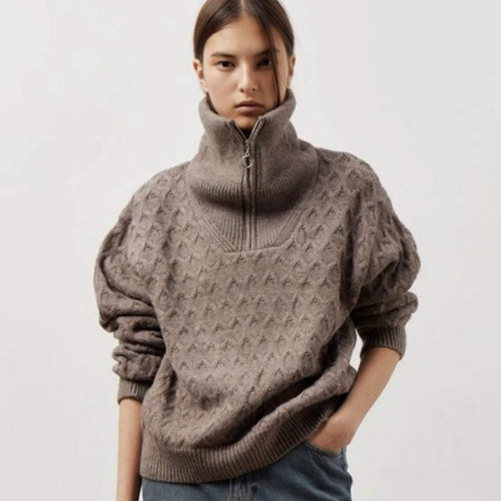 Damen Gemusterter Pullover mit hohem Kragen und Reißverschluss Drune