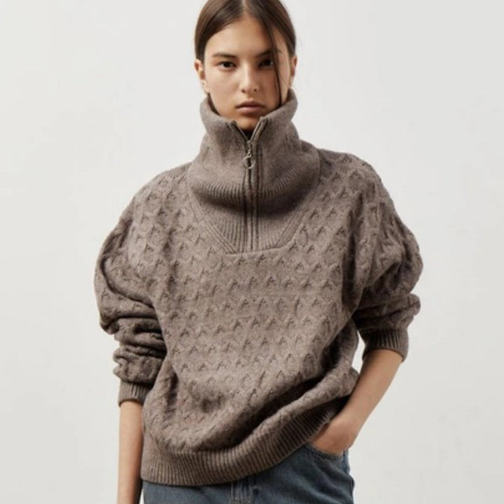 Damen Gemusterter Pullover mit hohem Kragen und Reißverschluss Drune