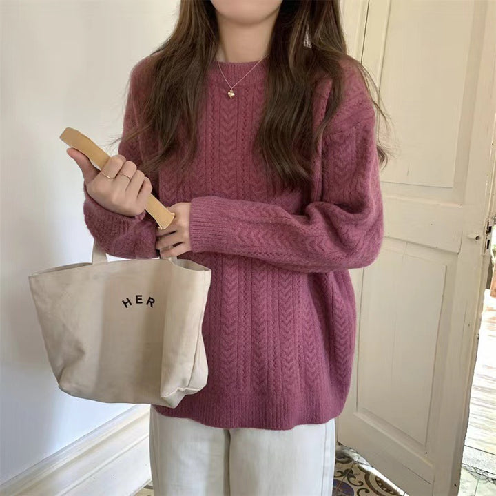 Damen Grobstrickpullover mit modernem Zopfmuster und hohem Rundhalsausschnitt Drune