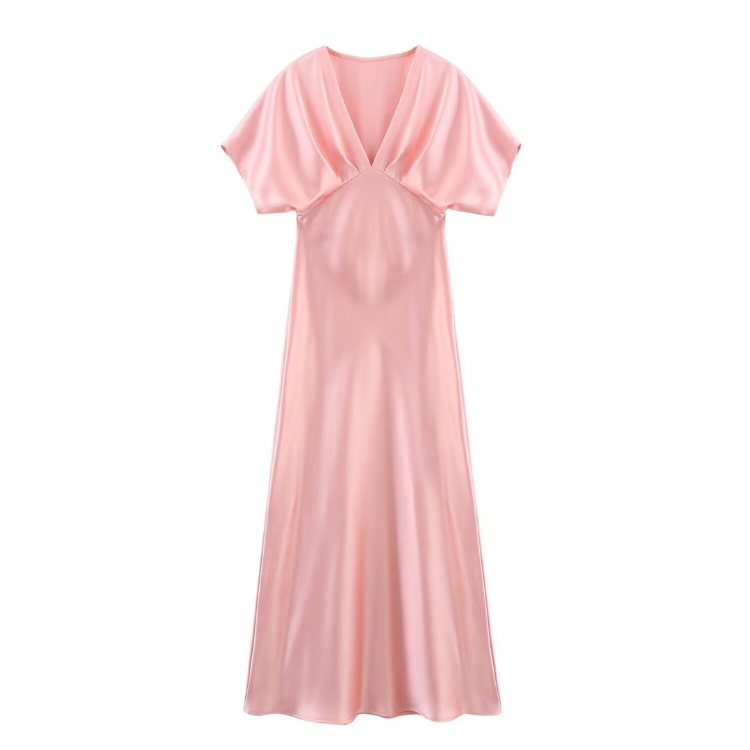 Damen Maxikleid mit elegantem V-Ausschnitt und fließendem Satin-Material Drune