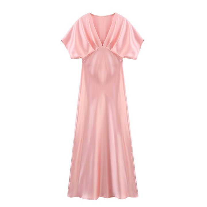 Damen Maxikleid mit elegantem V-Ausschnitt und fließendem Satin-Material Drune
