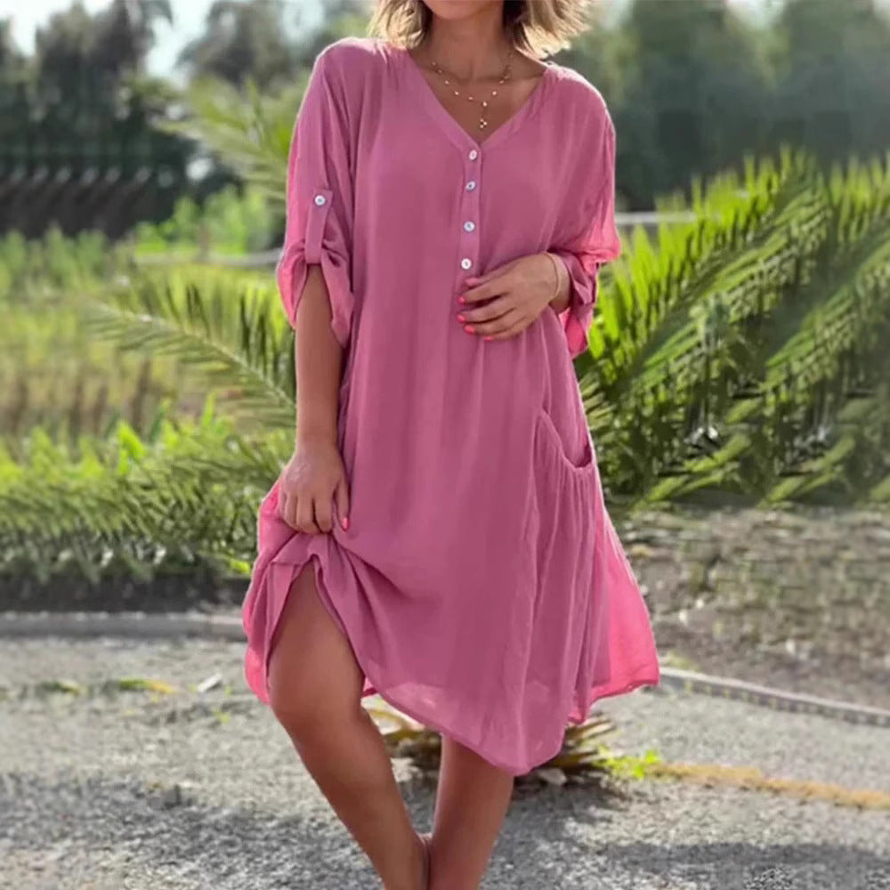 Damen nan luftiges V-Ausschnitt Strandkleid mit Knopfleiste, Krempelärmeln und aufgesetzten Seitentaschen Drune