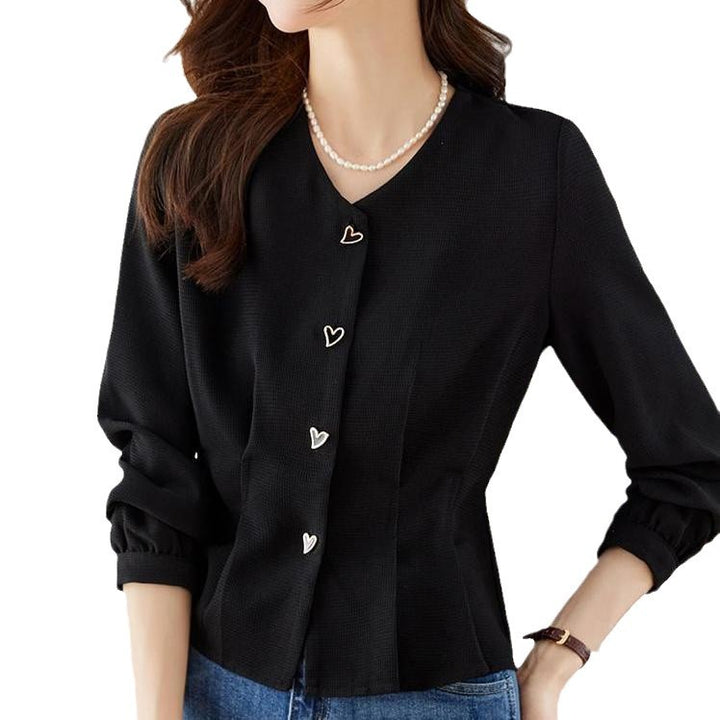 Damen elegante Bluse mit herzförmigen Knopfdetails und voluminösen Ärmeln Drune