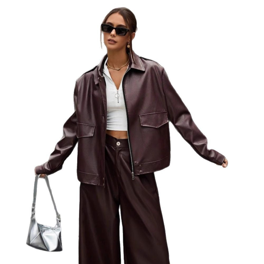 Damen modische Kunstlederjacke im Oversized-Stil Drune