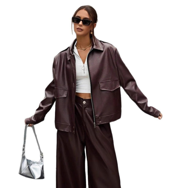 Damen modische Kunstlederjacke im Oversized-Stil Drune