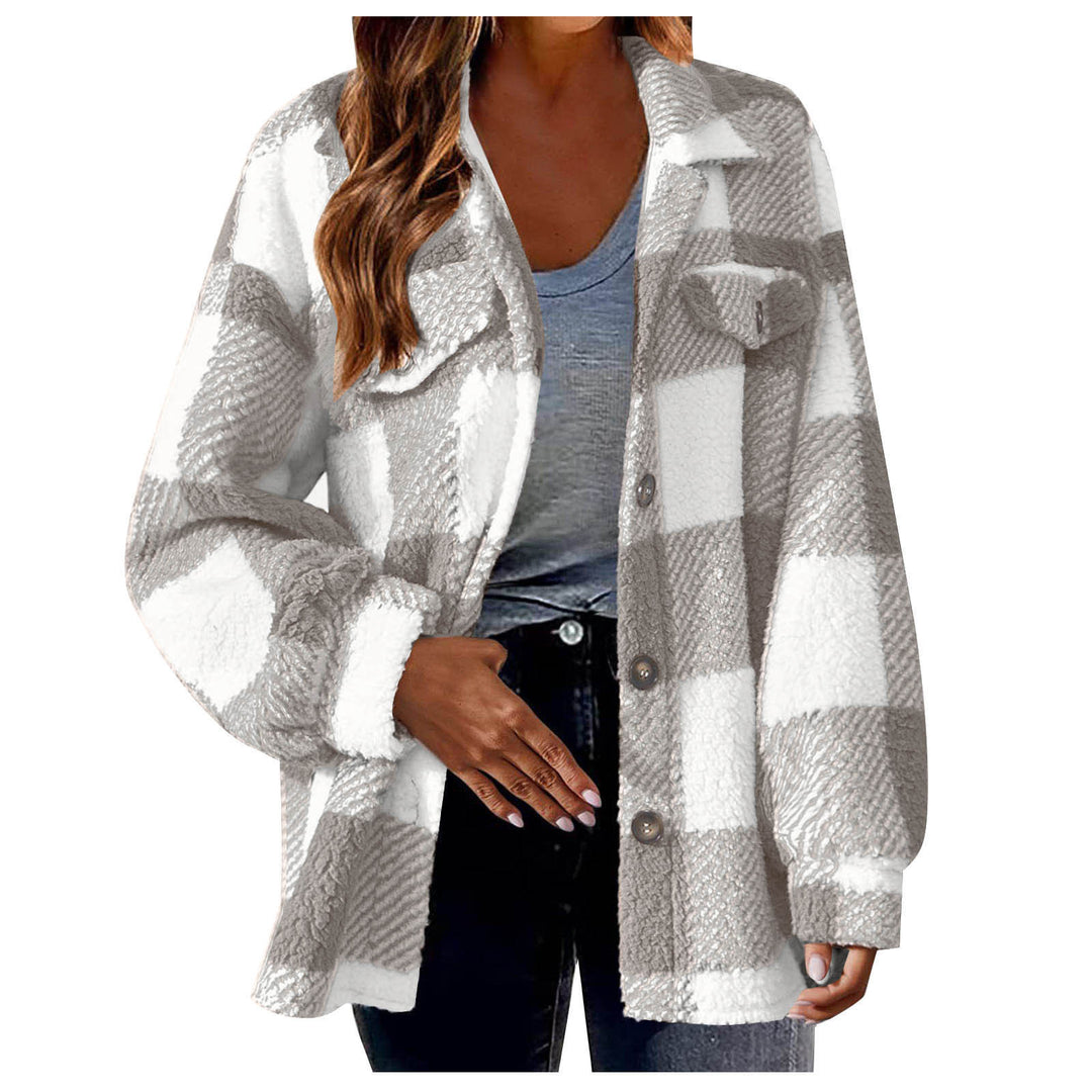 Damen nan kuschelige Sherpa-Karo-Übergangsjacke mit Brusttaschen und großzügigem Oversize-Schnitt Drune