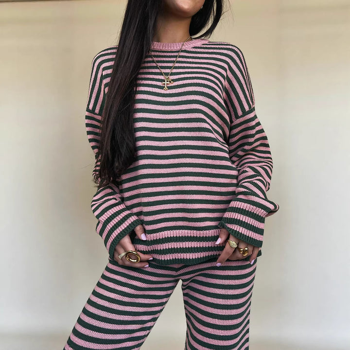 Damen lässiges Strick-Set mit breitem Schnitt und gestreiftem Design Drune