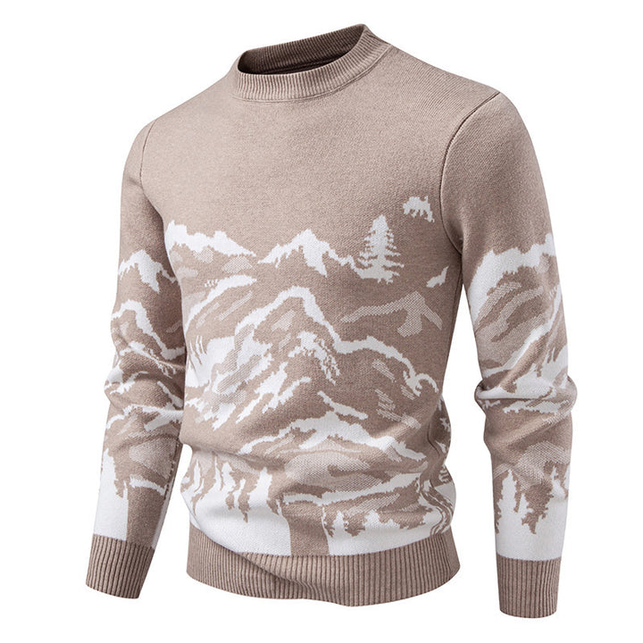 Herren Strickpullover mit Bergmotiv und hohem Kragen Drune