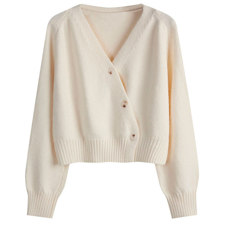 Damen kuschelige cropped Strickjacke mit tiefem V-Ausschnitt und großen Knöpfen Drune