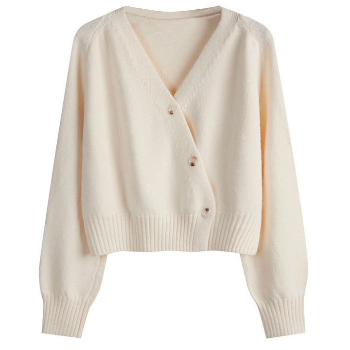 Damen kuschelige cropped Strickjacke mit tiefem V-Ausschnitt und großen Knöpfen Drune