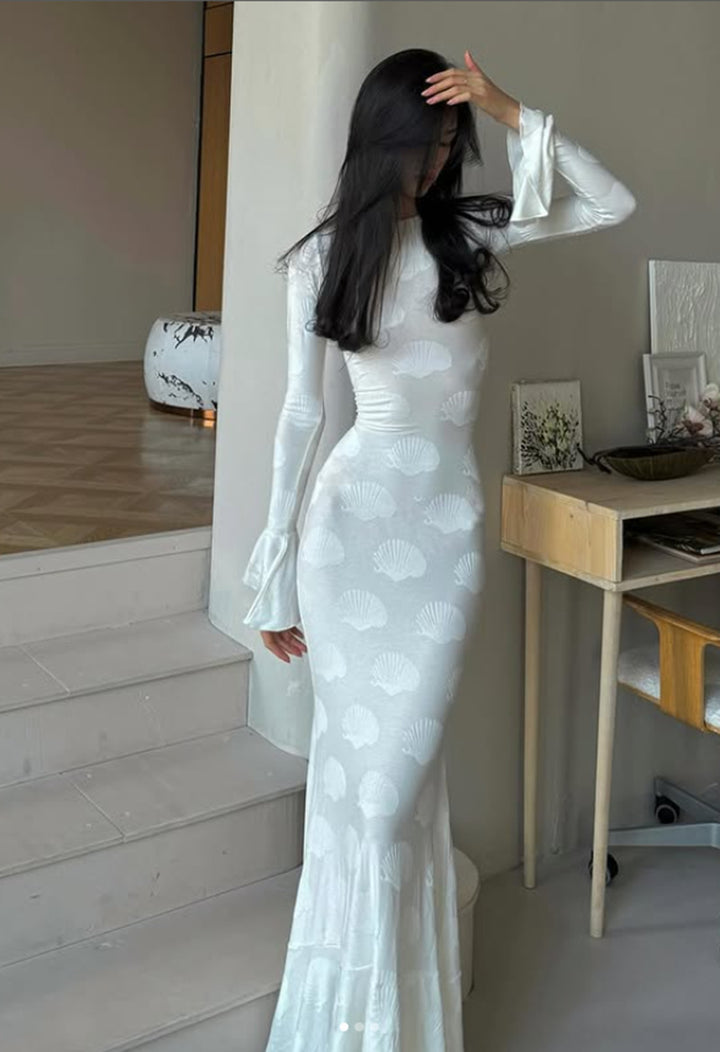 Damen figurbetontes Langkleid mit schickem Muschel-Design und elegantem Ärmelabschluss Drune