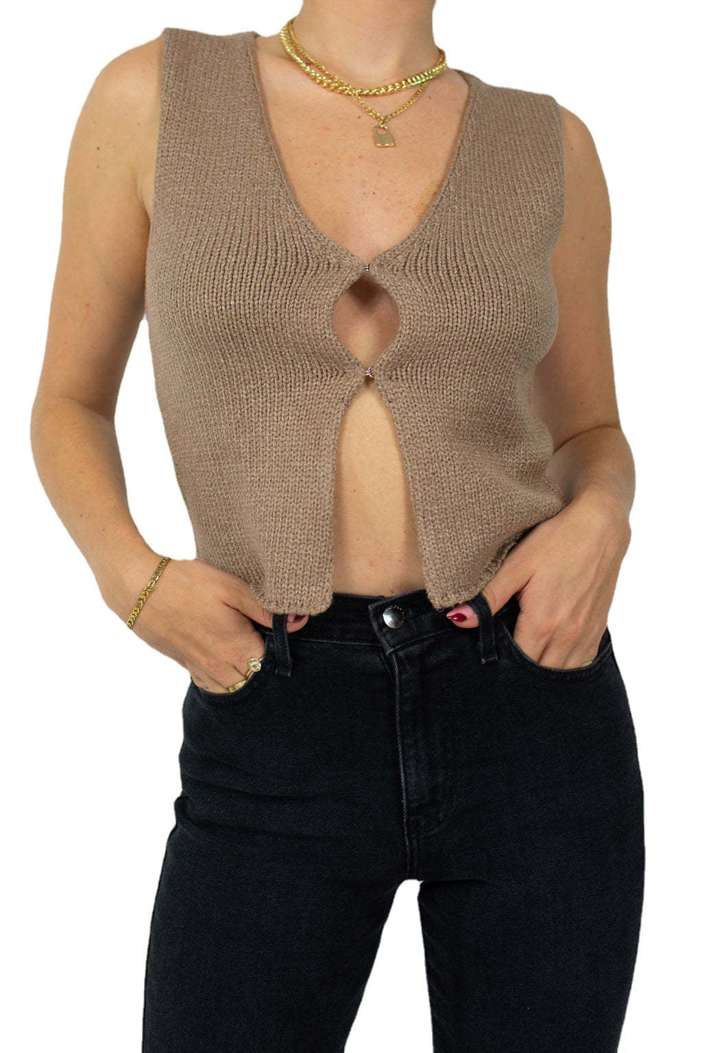 Damen gestricktes Crop-Top mit schickem V-Ausschnitt und dekorativem Schlüsselverschluss Drune