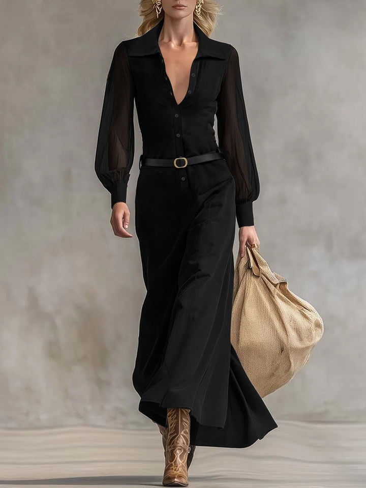Damen Maxikleid mit transparenten Ärmeln und Taillengürtel Drune