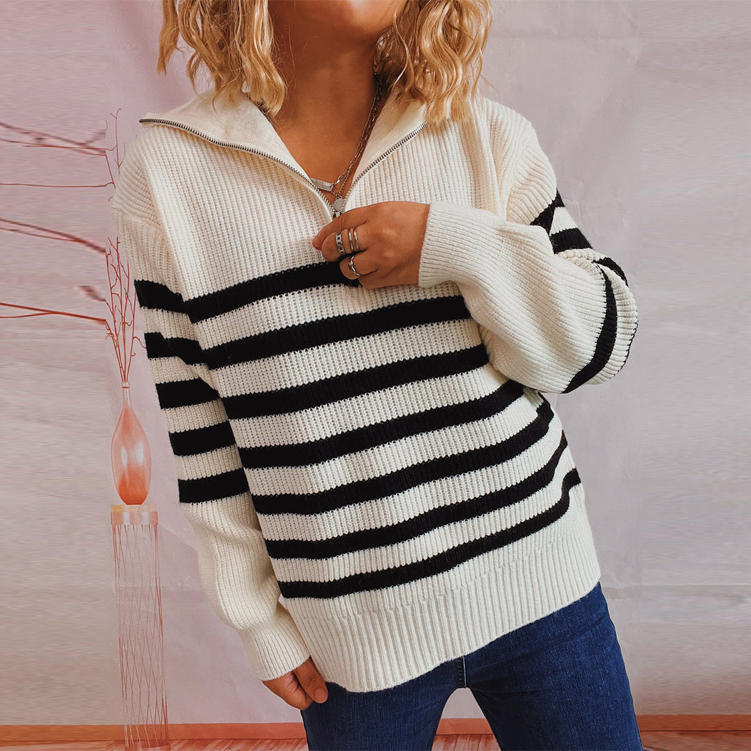 Damen Überall-Pullover mit Reißverschluss und modischem Streifenmuster Drune