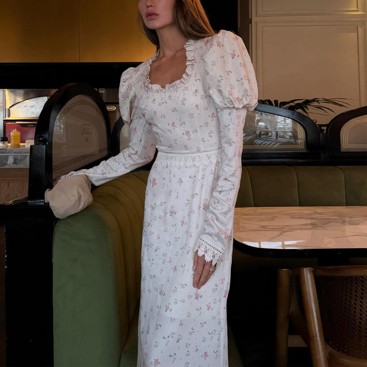 Damen Elegantes Maxikleid mit zarten Rüschenärmel und floralem Muster Drune
