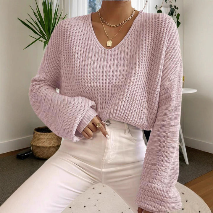 Damen luftiger Strickpullover mit weitem V-Ausschnitt und langen Ärmeln Drune