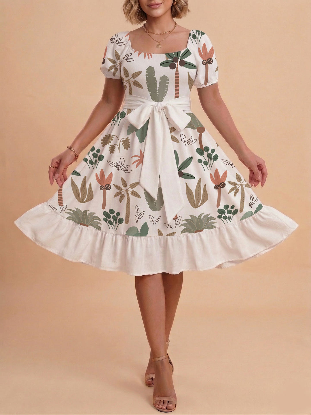 Damen Sommerliches Blumenkleid mit taillierbarem Gürtel und voluminösen Ärmeln Drune