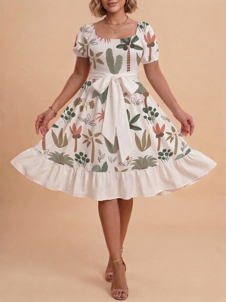 Damen Sommerliches Blumenkleid mit taillierbarem Gürtel und voluminösen Ärmeln Drune