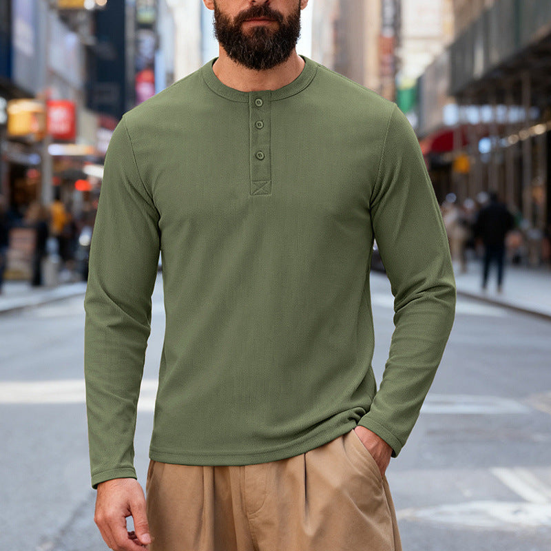 Herren nan Thermo-Henley-Langarmshirt mit Waffelstruktur, Rundhalsausschnitt und Knopfleiste Drune