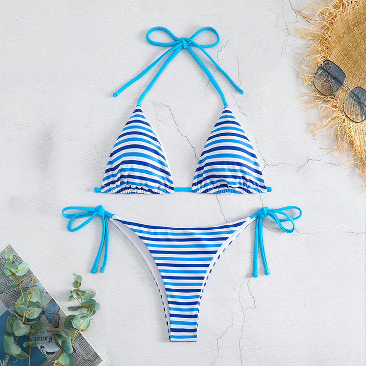 Damen Triangel-Bikini mit verspieltem Streifenmuster und verstellbaren Banddetails Drune