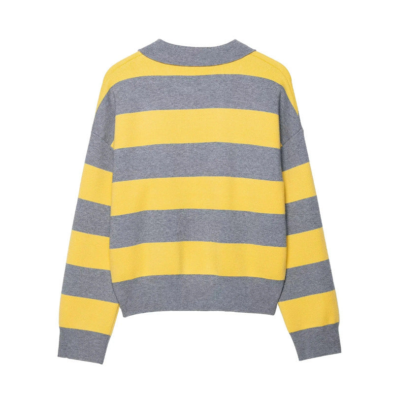 Damen modischer Pullover mit Polokragen und Streifendesign Drune