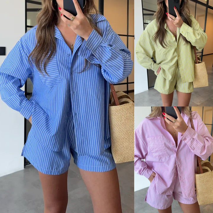 Damen gestreiftes Kurzpyjama-Set mit lockerer Passform Drune