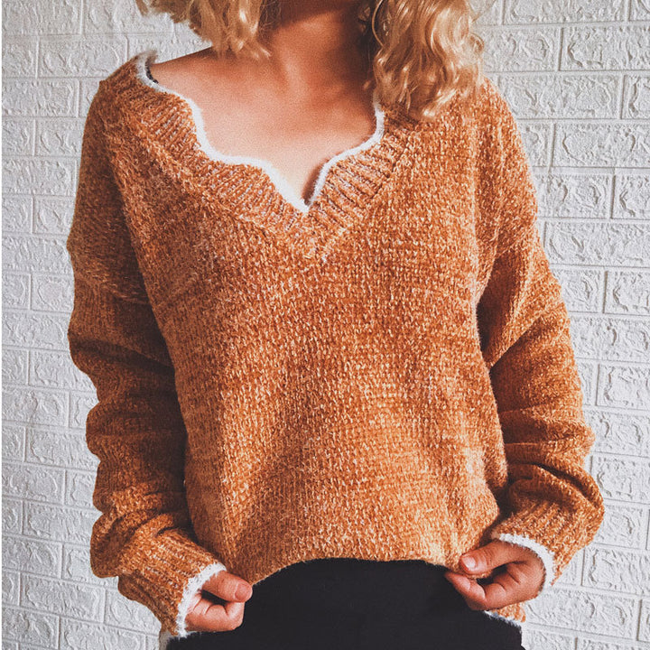 Damen lässiger Strickpullover mit weitem V-Ausschnitt und asymmetrischem Saum Drune