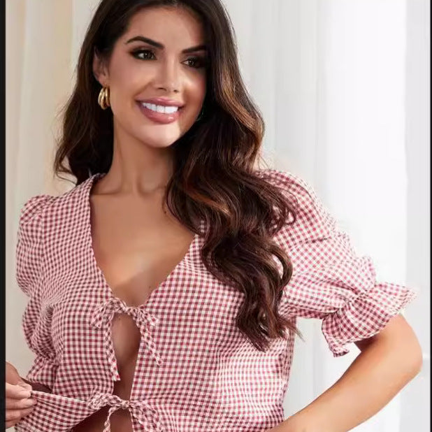 Damen Bluse mit Rüschendetails und Bindeband Drune