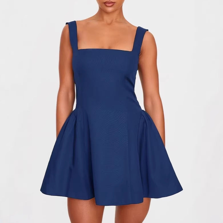 Damen A-Linien Kleid mit quadratischem Ausschnitt und angeschnittenen Taschen Drune