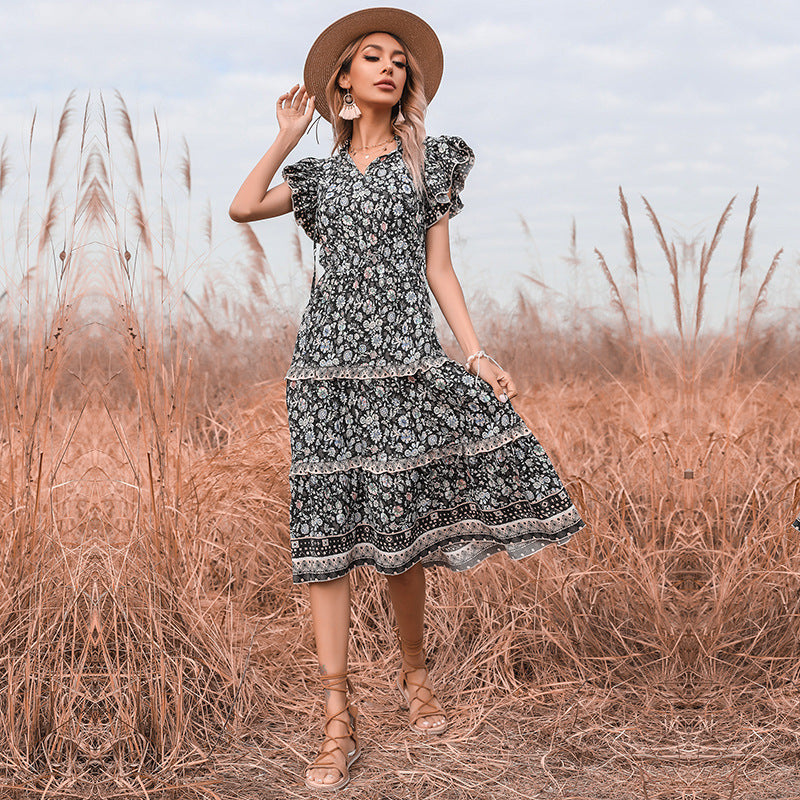 Damen Sommerkleid mit Rüschendetails und floralen Mustern Drune
