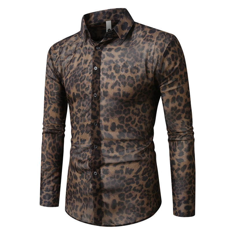Herren nan tailliertes Langarmhemd mit auffälligem Leoprint, leichter Satinoptik und elastischem Slim Fit Drune