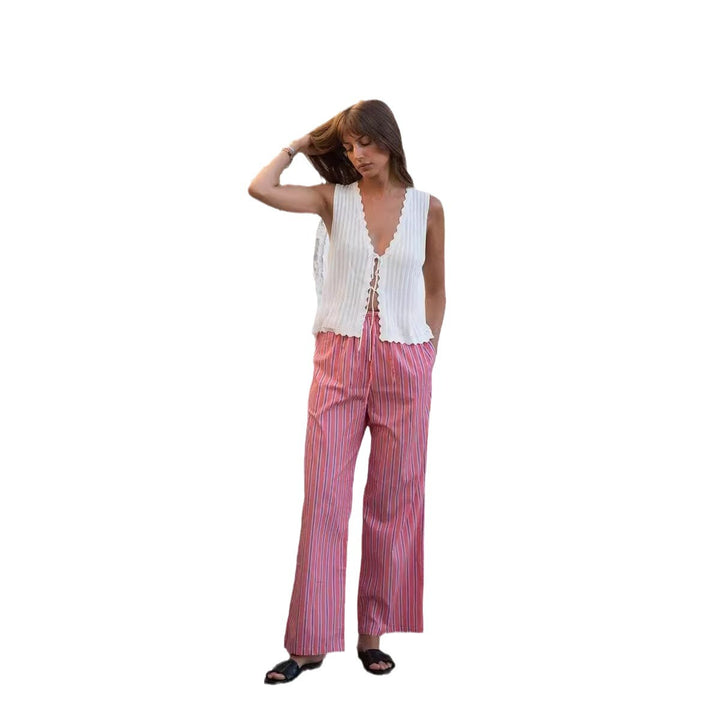 Damen lässige bequeme Schlafhose aus leichtem Baumwollstoff mit eleganten Streifen Drune