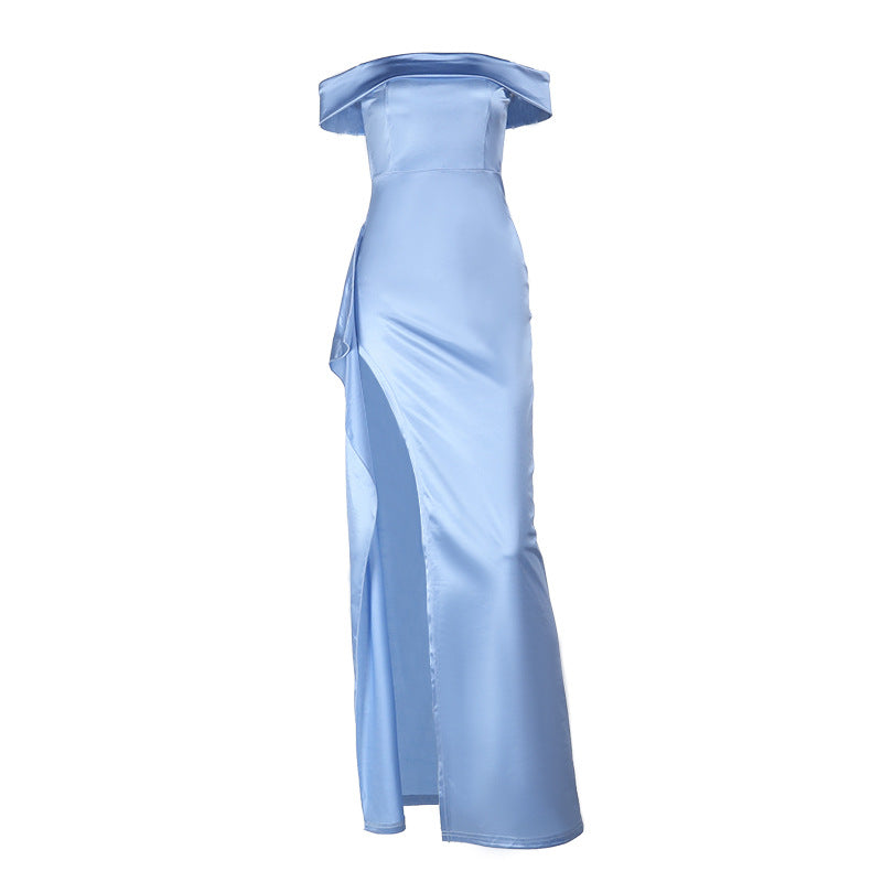 Damen Elegantes bodenlanges Abendkleid mit schulterfreiem Design und Schlitz Drune