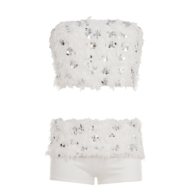 Damen Spitzen-Crop-Top mit glitzernden Pailletten Drune