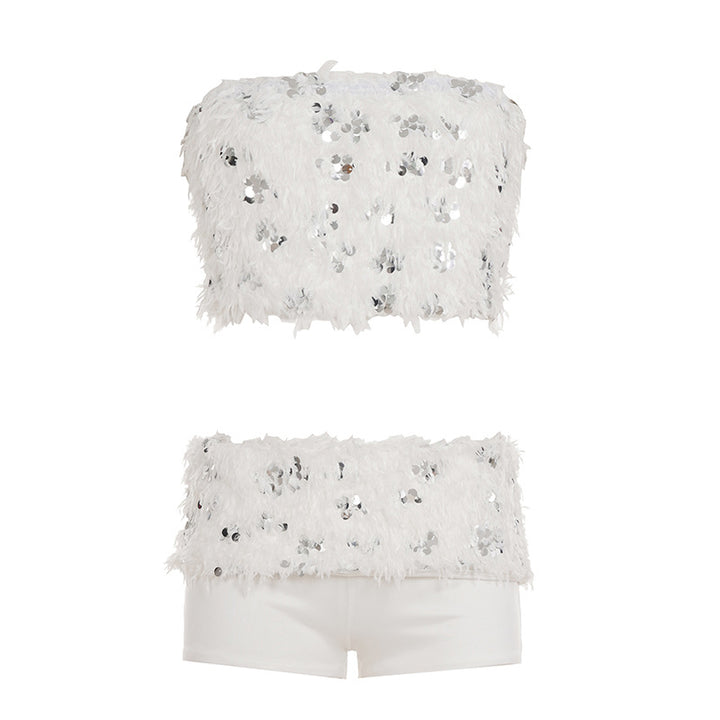 Damen schickes Oberteil und Shorts-Set mit funkelnden Pailletten und dekorativen Federn Drune