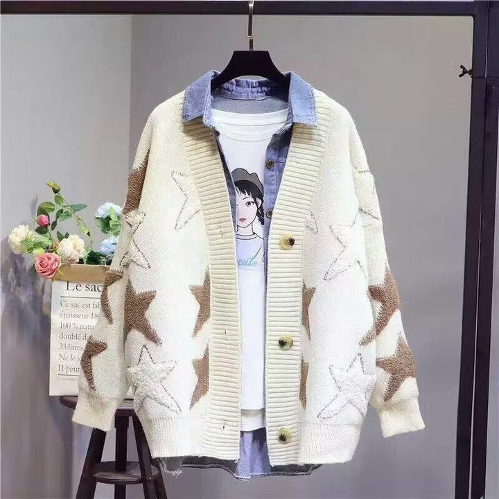 Damen Grobstrick-Cardigan mit Sternenmuster und tiefem V-Ausschnitt Drune