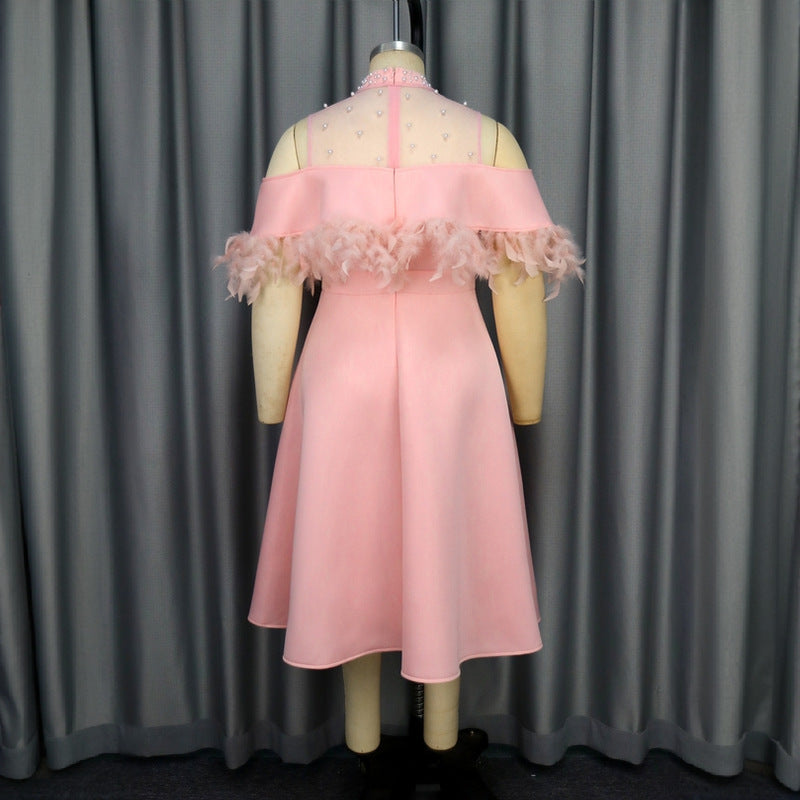 Damen elegantes Kleid mit transparenten Puffärmeln und dekorativen Federdetails Drune
