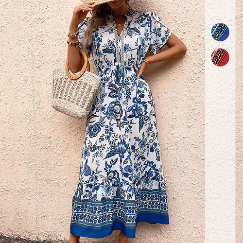 Damen Maxikleid mit floralem Design und elastischem Taillengürtel Drune