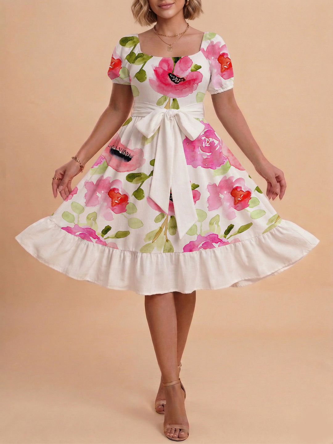 Damen Sommerliches Blumenkleid mit taillierbarem Gürtel und voluminösen Ärmeln Drune