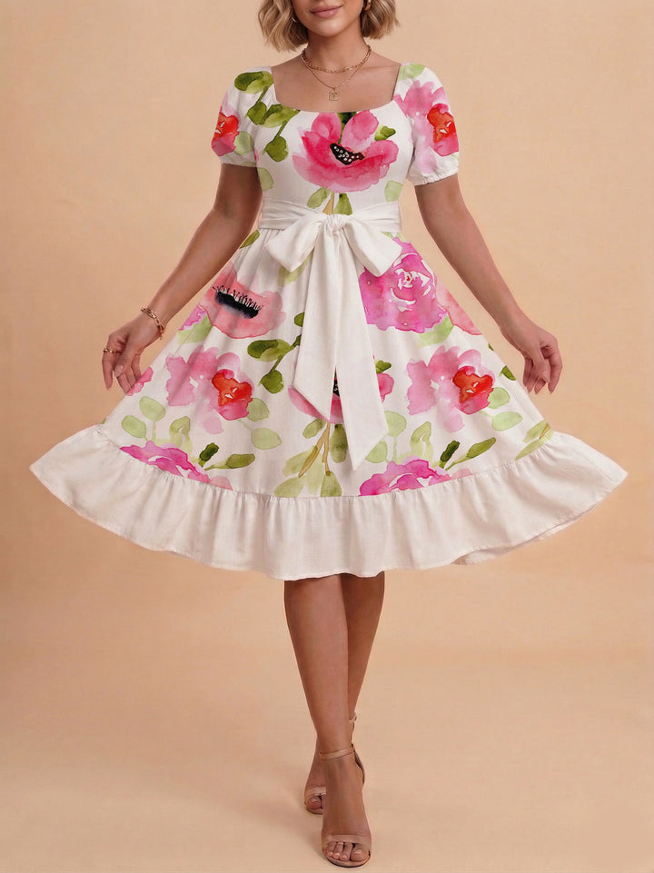 Damen Sommerliches Blumenkleid mit taillierbarem Gürtel und voluminösen Ärmeln Drune