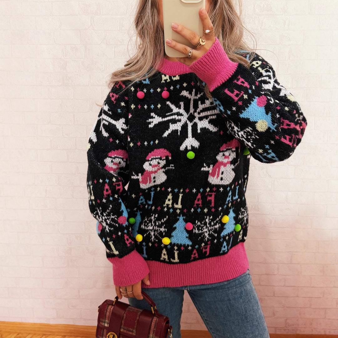 Damen festlicher Pullover mit farbenfrohen Weihnachtsmotiven und verspielten Details Drune