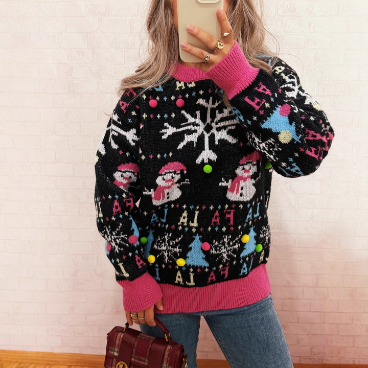 Damen festlicher Pullover mit farbenfrohen Weihnachtsmotiven und verspielten Details Drune