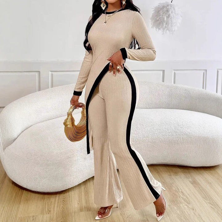 Damen nan eleganter Rippen-Jumpsuit mit asymmetrischer Wickeloptik, taillierendem Cut-Out und kontrastierenden Seitenstreifen Drune