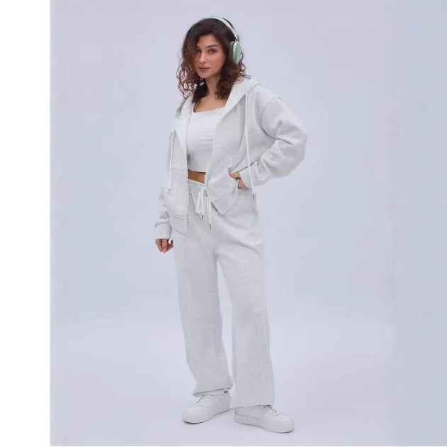 Damen nan zweiteiliges Cozy-Loungewear-Set mit Reißverschlusskapuze, taillenhoher Weitbein-Jogger und verdeckten Eingrifftaschen Drune