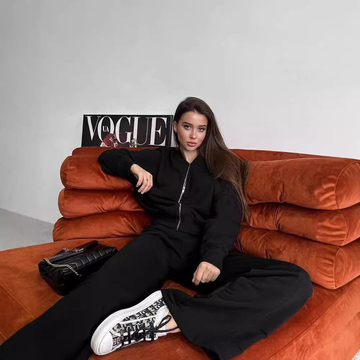 Damen Sportliches Lounge-Set mit Reißverschlussjacke und weiten Hosen Drune