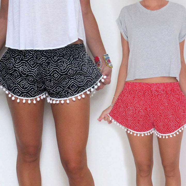Damen Sommer Shorts mit verspieltem Pompon-Detail und modischem Wellenmuster Drune