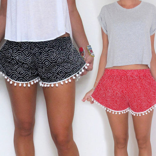 Damen Sommer Shorts mit verspieltem Pompon-Detail und modischem Wellenmuster Drune