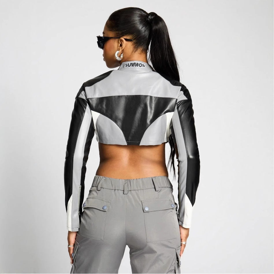 Damen cropped Sportjacke mit stylischem Reißverschluss und kontrastierenden Streifen Drune